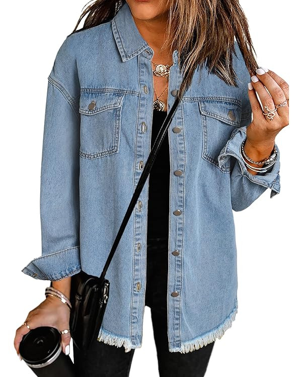 Dokotoo Women's Oversized Denim Jacket Casual Long Sleeve Denim Shirts Distresse Jean Jacket | Amazon (US)