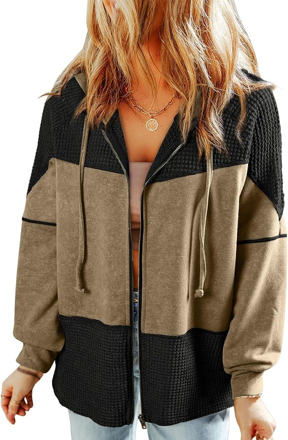 Dokotoo Waffle Knit Hoodies for Womens Zip Up Drawstring Fall Casual Trendy Clothing Jackets | Amazon (US)