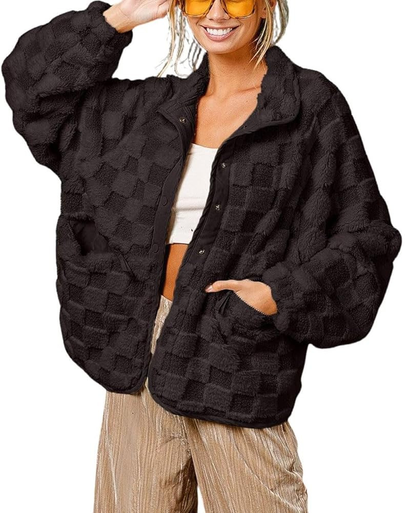 chouyatou Women Winter Casual Checkered Fleece Jacket Fuzzy Oversized Sherpa Jacket Shacket Faux ... | Amazon (US)