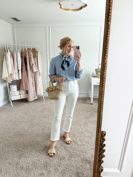 This would be the prettiest vacation outfit, especially if you’re planning somewhere with slightly cooler temps! My top is J.Crew Factory, wearing size small. My white jeans are my favorite Nordstrom Mother Jeans, wearing size 28! Spring outfits // daytime outfits // vacations outfits // day date outfits // work outfits // white pants // J.Crew finds // Nordstrom finds 

#LTKworkwear #LTKtravel #LTKSeasonal