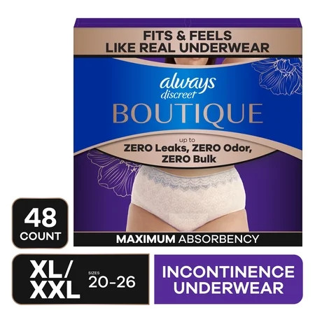 Always Discreet Boutique Incontinence and Postpartum Underwear for Women, Maximum Protection, XL, Rosy, 48 Count | Walmart (US)