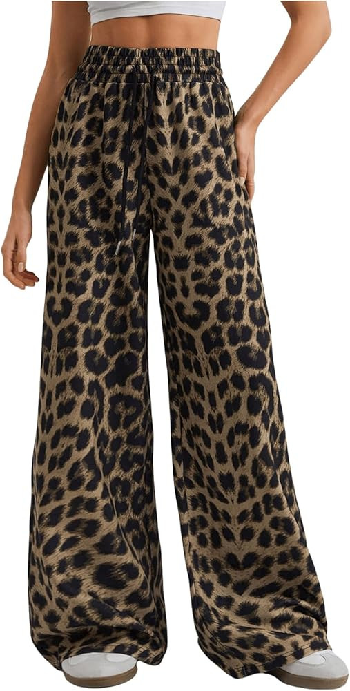 GORGLITTER Women's Leopard Print Pants Drawstring Elastic High Waist Wide Leg Sweatpants with Poc... | Amazon (US)