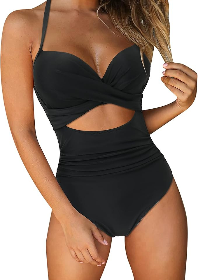 DOULAFASS Women One Piece Swimsuit V Neck Ruffle Tummy Control Monokini Bathing Suit | Amazon (US)