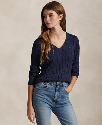 Women's Cable-Knit Cotton V-Neck Sweater | Macy's