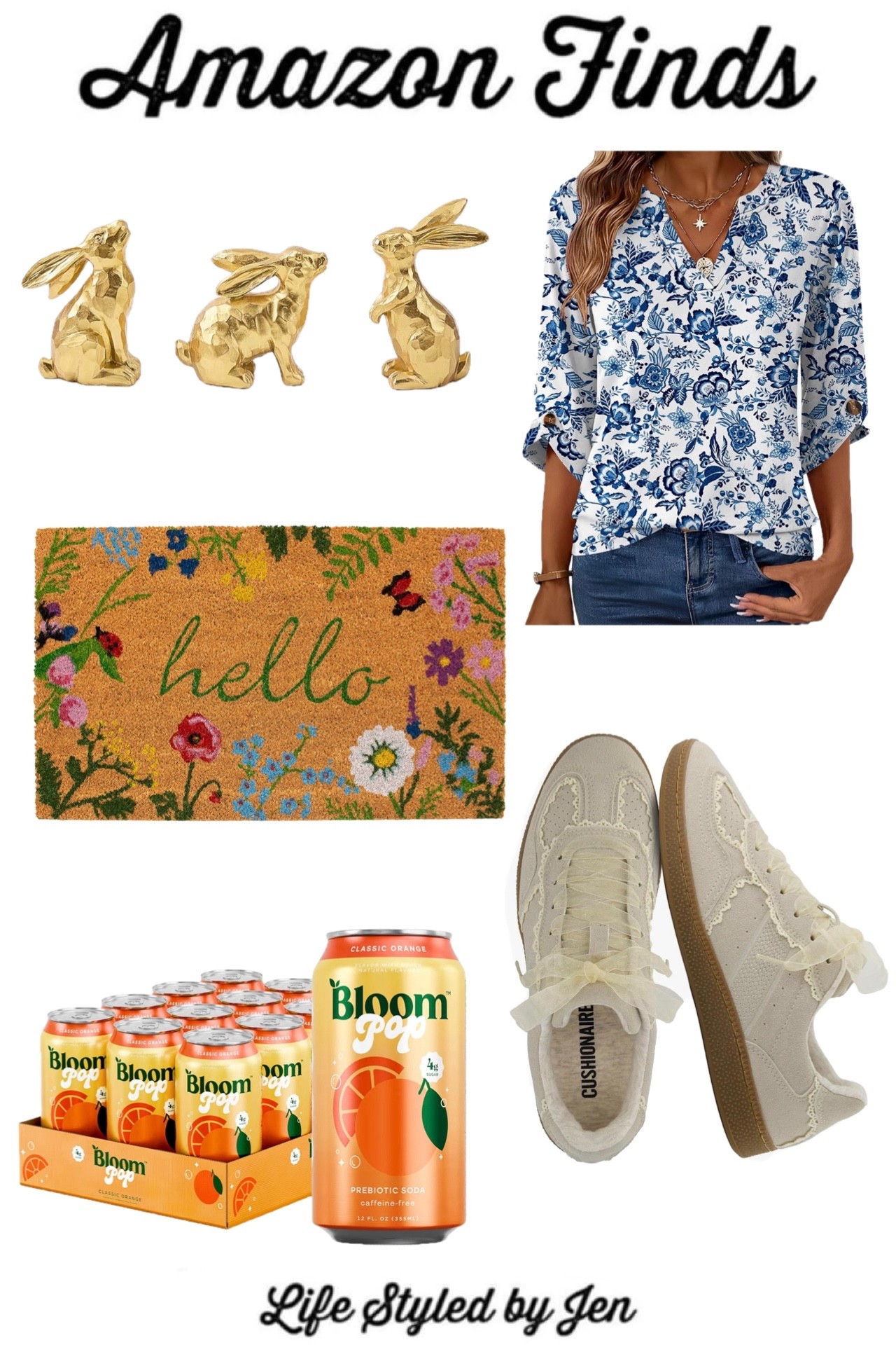 Time for this week’s Amazon Finds - five items from Amazon that are definitely worth checking out! 🎉

✔️ Resin Gold Rabbit Figurines - this set of 3 playful cuties 🐰 is the perfect whimsical touch to add some Spring to a home. They look so high end in person, and can easily fit in with other decor with their golden finish. Only around $10 for the set!

✔️ Calloway Mills Spring Floral Doormat - a doormat is always such an easy way to add a fresh touch to a home, and this has all the Spring vibes. Super affordable, and ships quickly! 

✔️ Bloom Pop - I’ve tried lots of the soda alternatives on the market since I enjoy trying new beverages, and I find this to be one of the best on the market! It’s a super flavorful soda alternative that tastes very similar to traditional full sugar soda options, but it has only natural ingredients, super low sugar, and contains prebiotics. Lots of great flavors available!

✔️ Kistore Womens 3/4 Length Sleeve Tunic Tops - this is Amazon’s current #1 best seller in fashion. Super lightweight top that’s available in lots of pattern and solid options at a great price point.

✔️ CUSHIONAIRE Belinda Women’s Lace Detail Sneakers - lace sneakers are a major trend this year, and this option from Cushionaire has flying! Such pretty, feminine detailing, and this brand is know for extremely comfortable footwear. 

#amazon #amazonfinds #LTKFindsUnder50

#LTKHome #LTKSaleAlert #LTKSeasonal