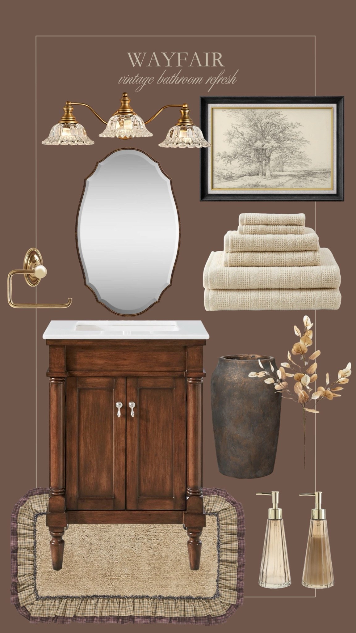 Wayfair vintage bathroom refresh 🛁✨🤎 Loving this pretty mirror, wood bathroom vanity, and gold accents for a cozy neutral bathroom. @Wayfair

#LTKHome