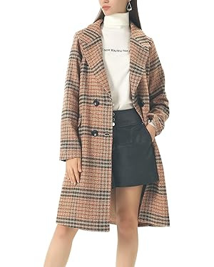 chouyatou Women's Classic Notched Collar Double Breasted Plaid Wool Blend Long Trench Coat | Amazon (US)