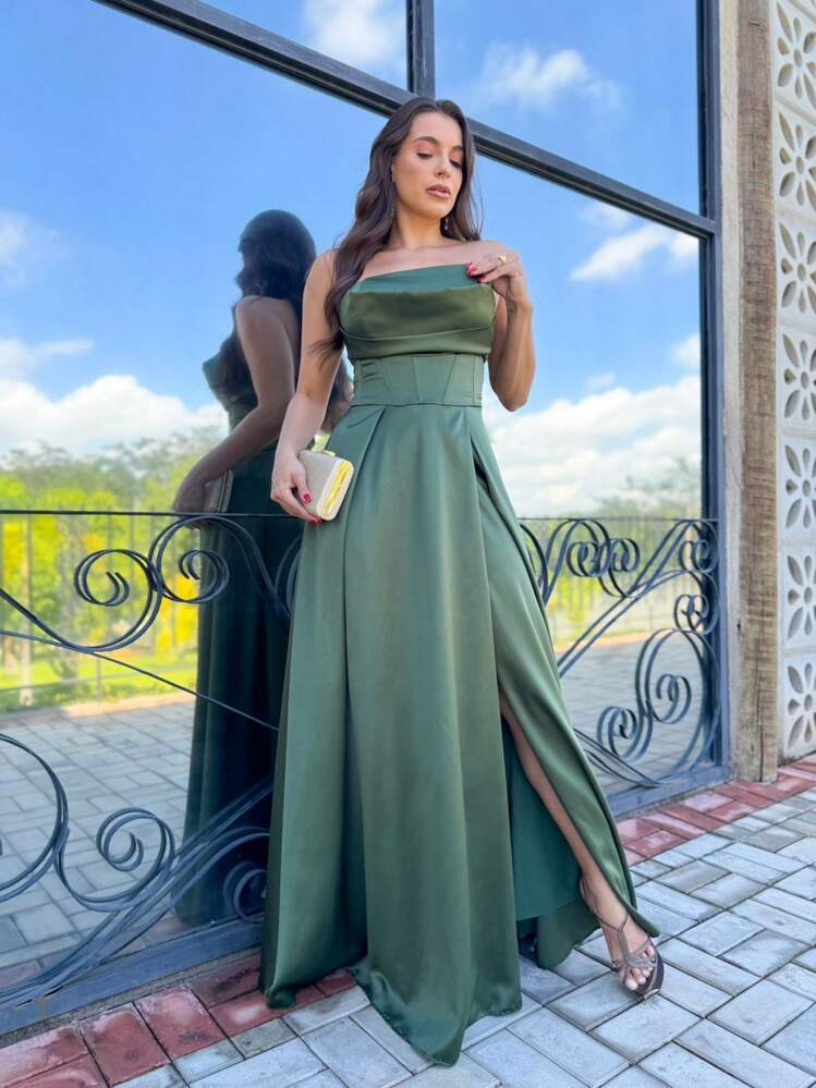VESTIDO DE FESTA CASAMENTO FORMANDAS ACETINADO COM FENDA SUCESSO | SHEIN