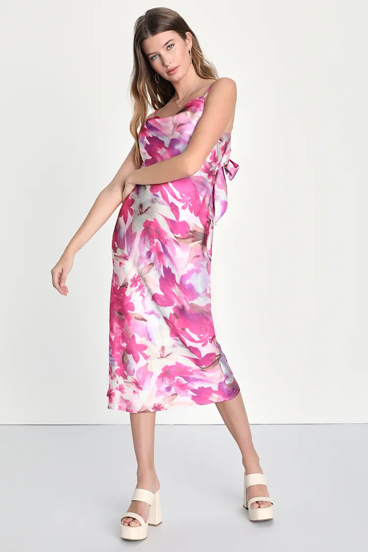 Sophisticated Sense Pink Floral Tie-Back Slip Midi Dress | Lulus (US)