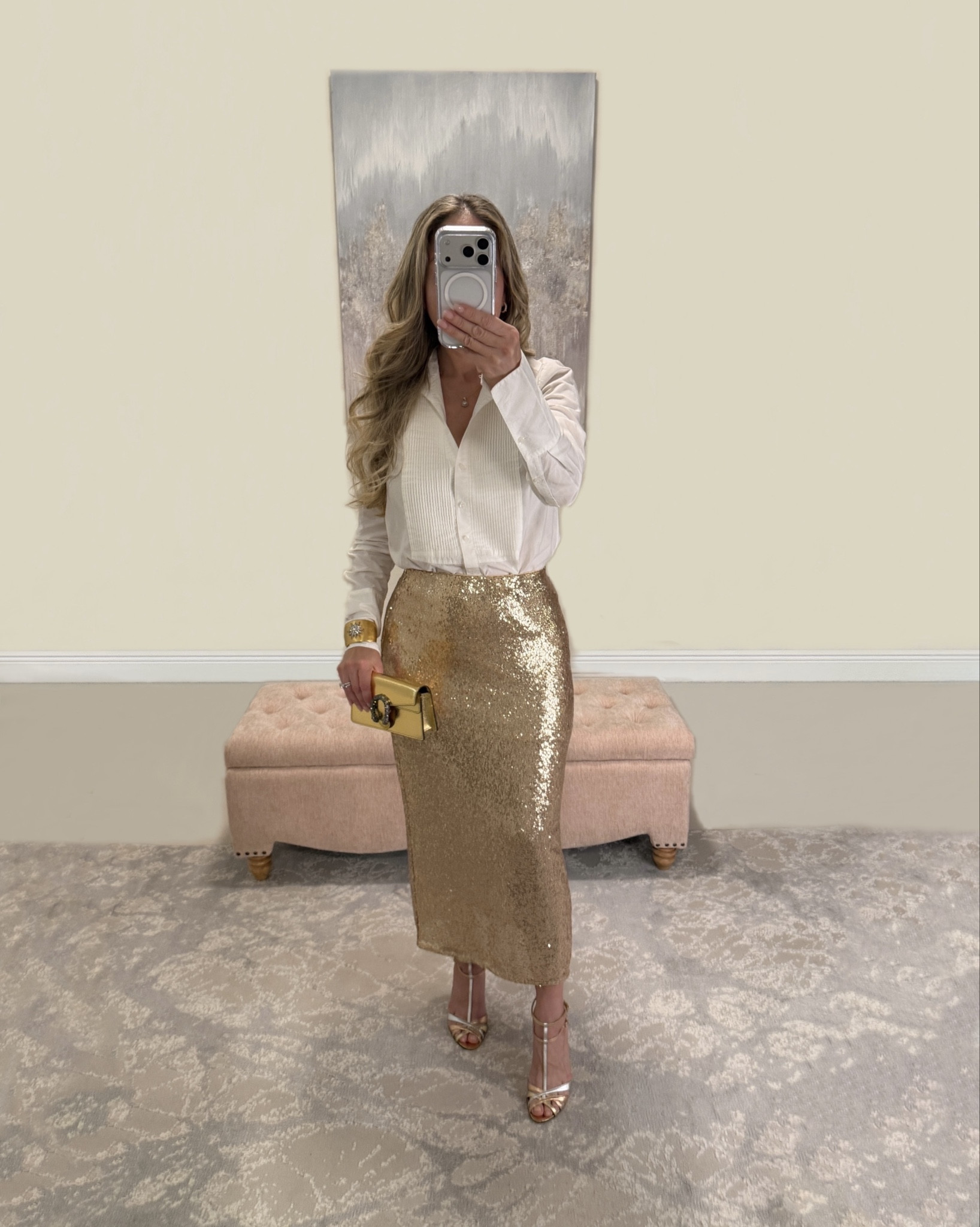 Holiday office party outfit. Work party. Holiday party. Outfit inspo. Sequin skirt. Gold skirt. Tuxedo shirt. White button down. Gold cuff 💫

#LTKHoliday 

#LTKootd #LTKPetite