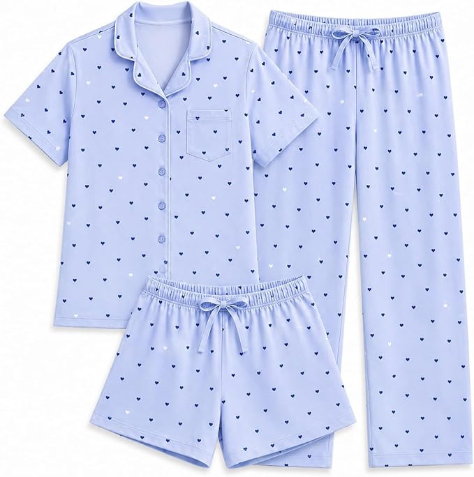 US Angels Girls Pajama Set 3 Piece, Short Sleeve Button Down PJs with Shorts & Pants, Soft Sleepw... | Amazon (US)