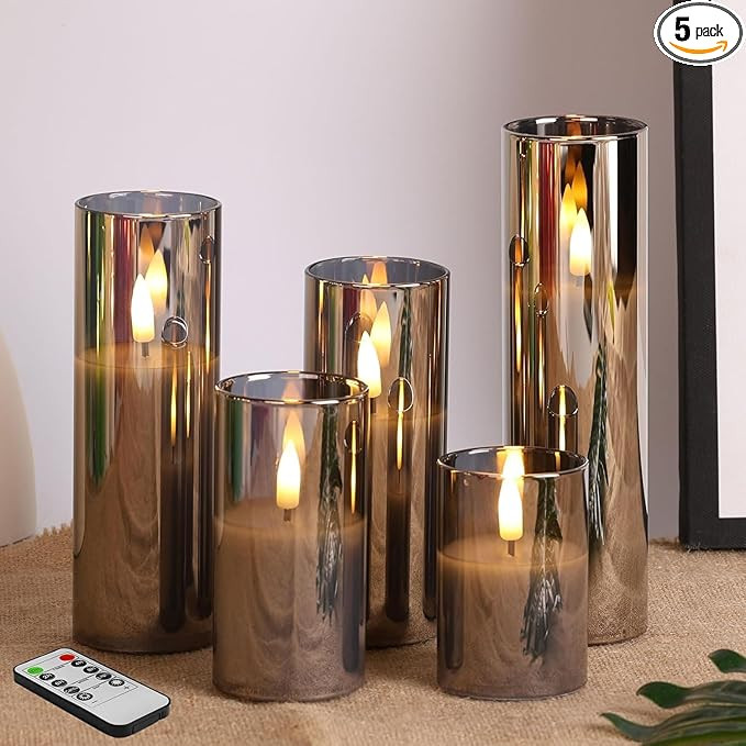 Eywamage 5 Pack Grey Glass Flameless Candles with Remote, Flickering Slim Tall LED Pillar Votive ... | Amazon (US)