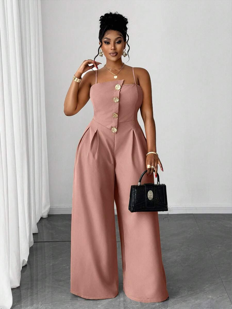 Maweii Plus Size Women's Elegant Chic Solid Color Metal Button Fold Pleated Loose Wide Leg Jumpsu... | SHEIN