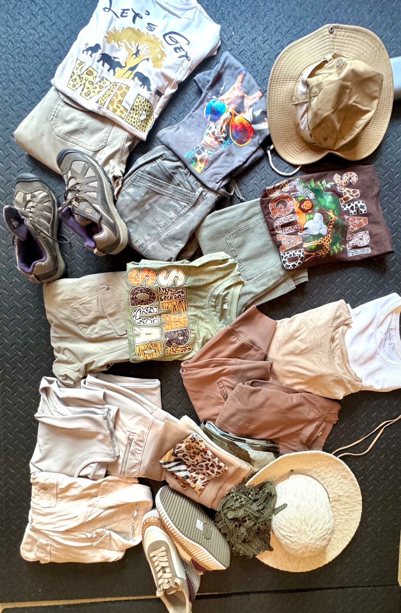 What I am packing for my Africa safari 
Graphic tee shirts
Camo jogger pants 
Khaki utility pants 
Sun hat 
Sneakers 
Keen hiking shoes
Long sleeve tee shirts
Scarves

#LTKTravel #LTKOver40 #LTKStyleTip