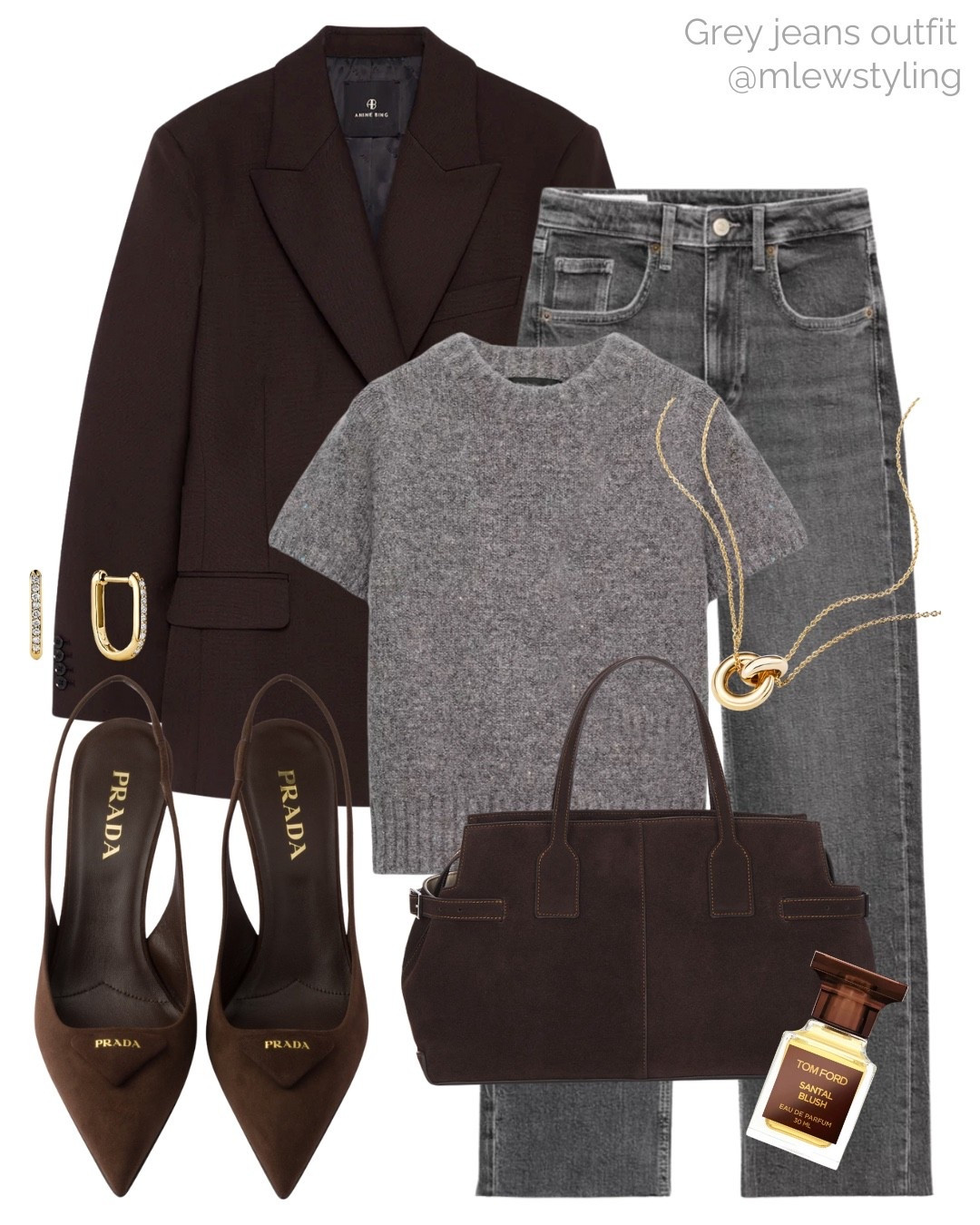 Grey & brown 🤎

Tags: autumn outfit, new in Zara grey jeans, short sleeved sweater, anine bing brown blazer, Prada slingback pumps, brown suede tote bag, Mejuri pendant necklace, Sephora Tom ford perfume, elevated fall outfit 

#LTKItBag #LTKWorkwear #LTKShoeCrush