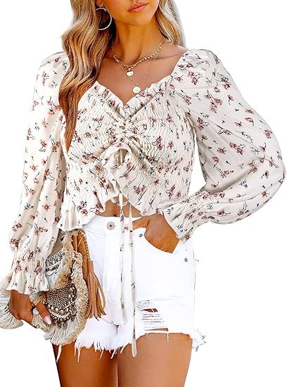 Women's Floral Drawstring Ruched Crop Tops Puff Long Sleeve Ruffle Frill Smocked Ditsy Shirred Sh... | Amazon (US)