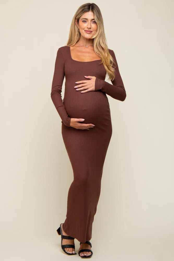 Brown Ribbed Long Sleeve Square Neck Maternity Maxi Dress | PinkBlush Maternity