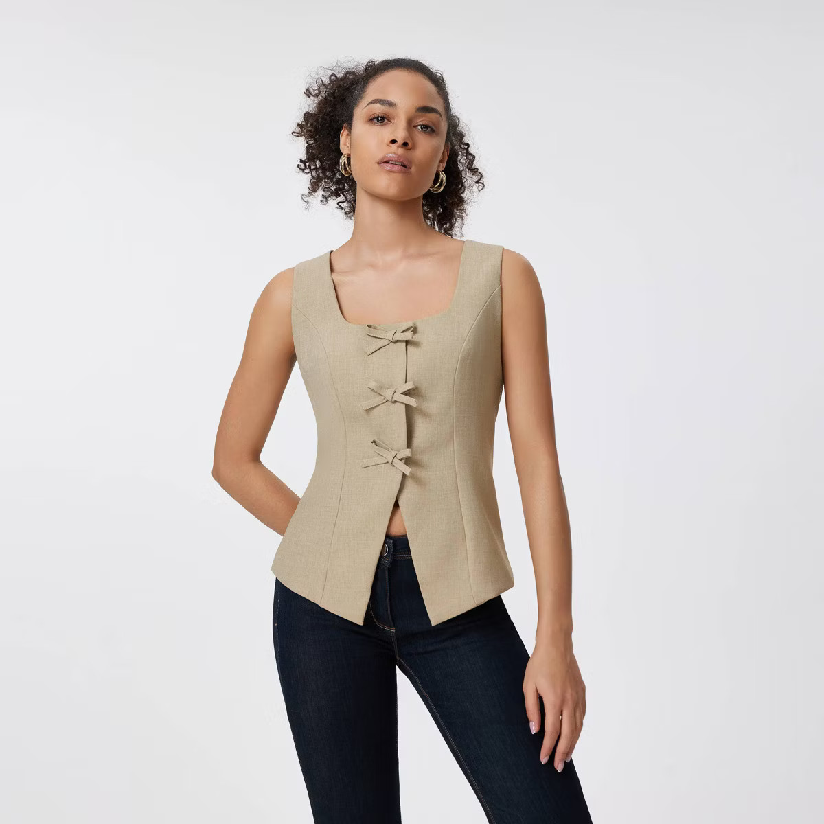 Women's Square Neck Sleeveless Front Bow Tie Closure Vest Top - A New Day™ Khaki S | Target