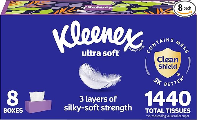 Kleenex Ultra Soft Facial Tissues, 8 Flat Boxes, 180 Tissues per Box, 3-Ply, Packaging May Vary | Amazon (US)