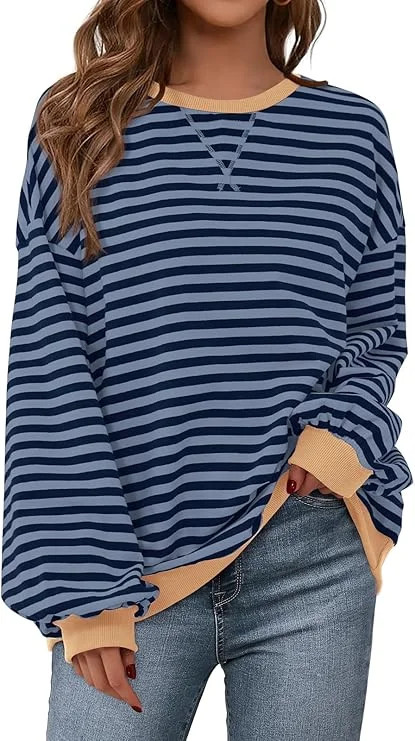PRETTYGARDEN Womens Striped Oversized Sweatshirt Color Block Crew Neck Long Sleeve Casual Loose P... | Walmart (US)