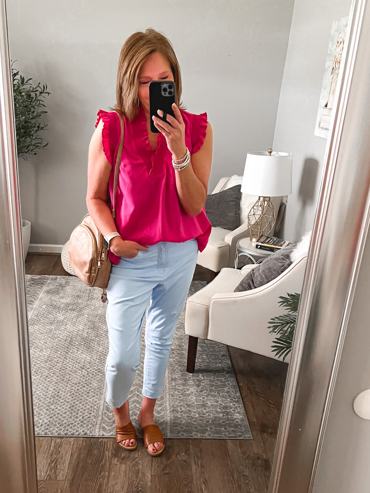 Ruffle sleeveless top us a Doorbuster! Normally $69 now ONLY $24!! Colored jeans are also on sale, more colors, both items fit tts. Convertible backpack from Amazon can be worn numerous ways, also comes in different colors. Steve Madden slides 

Sale, doorbuster, casual workwear, ankle jeans, cropped jeans, tops, backpack, summer outfit, everyday outfit, over 40 outfits, over 50 outfits 

#LTKitbag #LTKunder50 #LTKsalealert