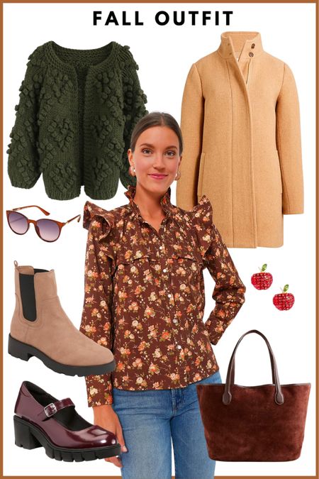 Fall Outfit, teacher, fall sweater, fall fashion // knit cardigan, chintz blouse, city coat, sunglasses, stud earrings, Chelsea boot, Mary janes, clunky shoes, suede tote 

#LTKstyletip #LTKover40 #LTKSeasonal