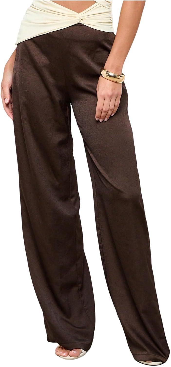 WDIRARA Women's Satin Silk Pants Elastic Waist Wide Leg Loose Trousers | Amazon (US)
