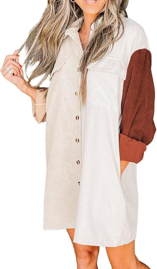 Womens Corduroy Shirt Dress Oversized Fall Button Down Long Sleeve Dress for Women | Amazon (US)