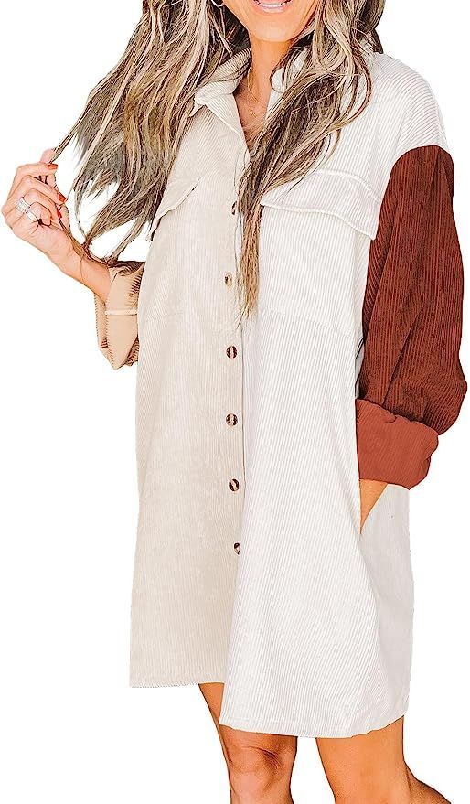 Womens Corduroy Shirt Dress Oversized Fall Button Down Long Sleeve Dress for Women | Amazon (US)