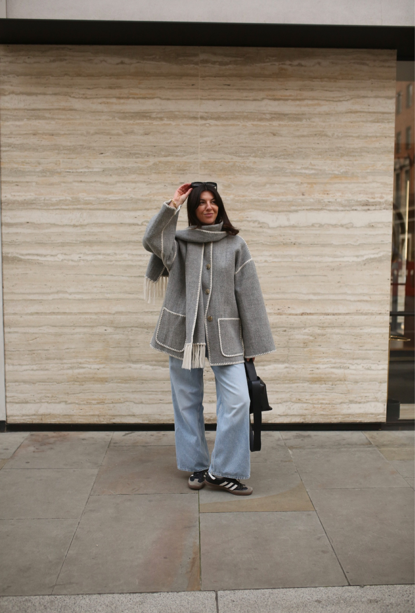 Grey scarf jacket coat, blue wide leg jeans, black sambas, black crossbody bag

#LTKSeasonal #LTKeurope #LTKstyletip