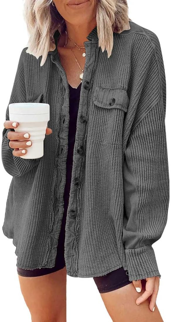 Ru Sweet Women's Loose Fit Batwing Sleeve Waffle Knit Button Down Shirt Shacket Tops | Amazon (US)