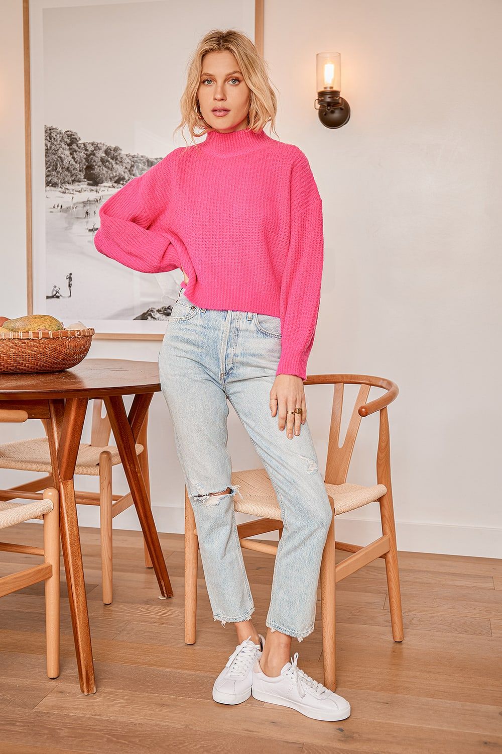 Bright and Cheery Hot Pink Knit Mock Neck Balloon Sleeve Sweater | Lulus (US)