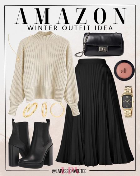 Unleash your winter glam with our Amazon ensemble: a snug long sleeve sweater paired with a flowing maxi skirt, topped off by statement boots. Accessorize with a sleek clutch, a touch of gold with a watch, earrings, and a stunning ring. Elevate your winter fashion game with this chic combo.

#LTKSeasonal #LTKHoliday #LTKstyletip