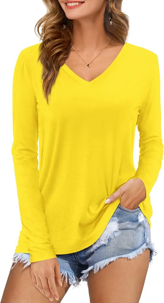 Amoretu Womens Long Sleeve Tops Casual V Neck T Shirts Loose Fit | Amazon (US)