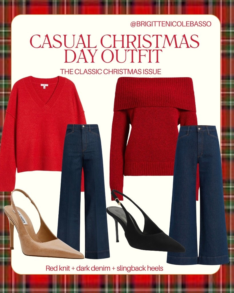 This casual Christmas Day outfit is cozy, classic, and so easy to recreate. A red knit sweater paired with dark denim is the perfect relaxed holiday look for family gatherings, Christmas brunch, or a laid-back day at home. The rich red knit adds a festive touch, while dark-wash wide-leg jeans keep the outfit polished. Slingback heels elevate the look just enough while staying comfortable and chic. A timeless, effortless holiday outfit formula you can wear every year.

#LTKootd #LTKHoliday #LTKGiftGuide