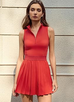 QINSEN Womens Zip Front Tennis Dress High Neck Pleated Sleeveless Two Pieces Golf Athletic Dress ... | Amazon (US)
