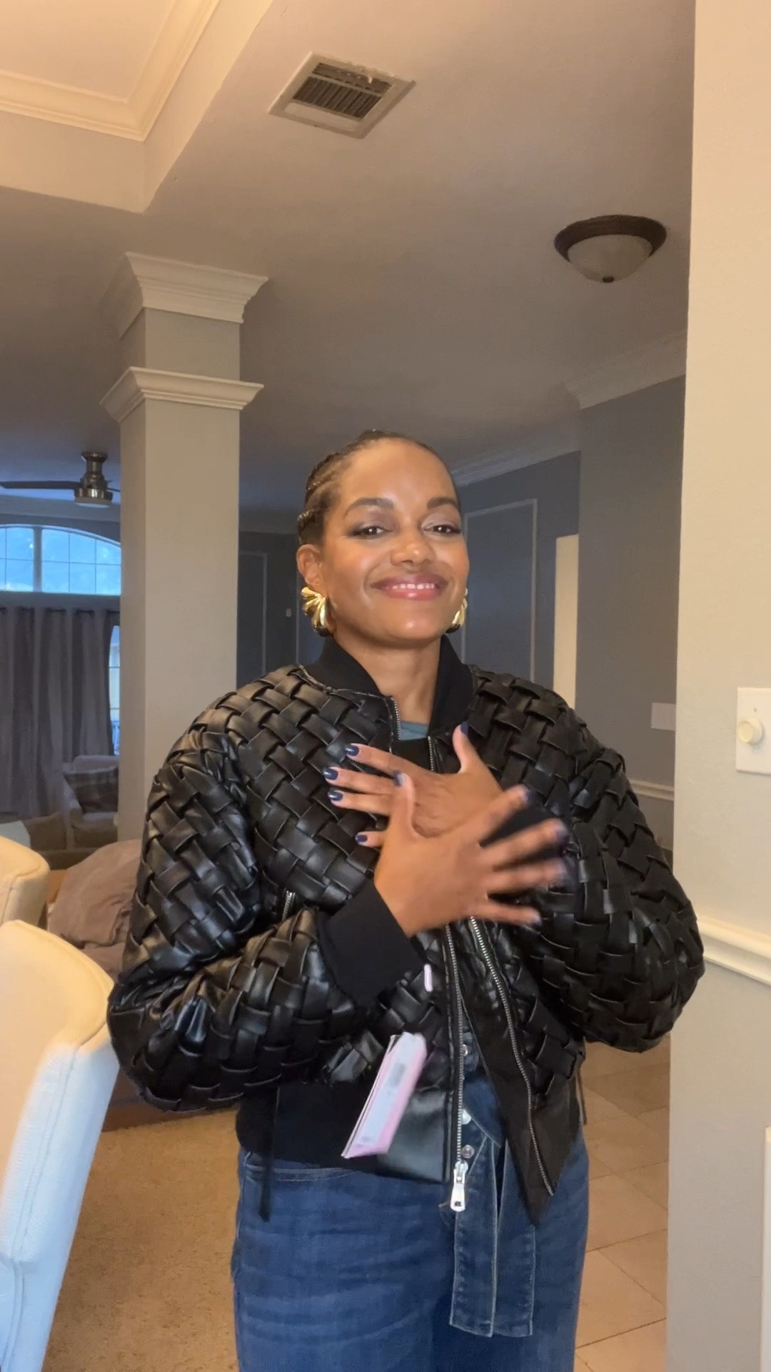 Black faux leather woven bomber jacket! 

#LTKStyleTip #LTKVideo #LTKSeasonal