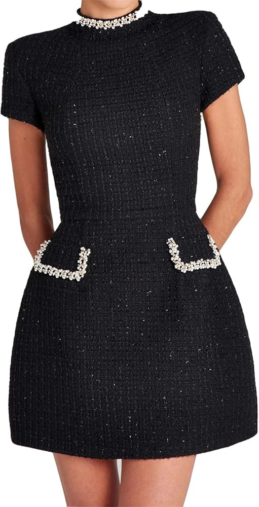 Women's Sexy Short Sleeve O Neck Pearls Business Cocktail Party Mini Dress | Amazon (US)