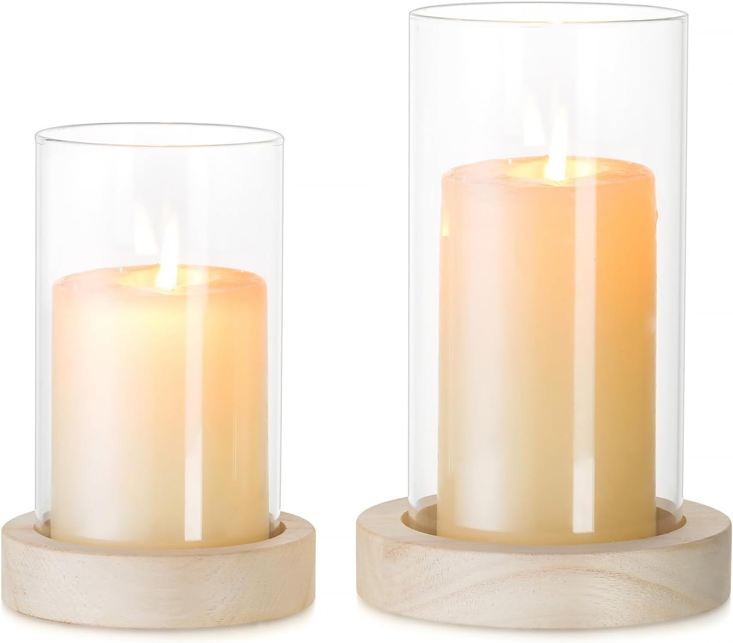 NUPTIO Hurricane Glass Candle Holders: Clear Round Cylinder Vases with Wood Plate Base for Pillar... | Amazon (US)
