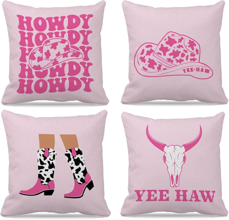 GICHUGI Hot Pink Preppy Groovy Howdy Yee Haw Cowgirl Hat Boots Bull Head Skull Decorative Throw P... | Amazon (US)
