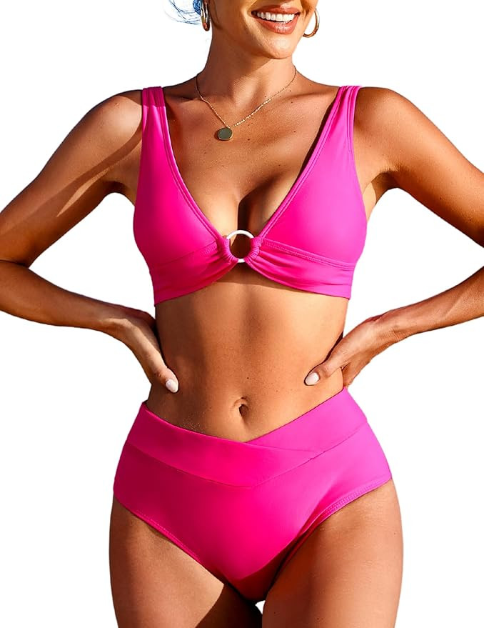 AI'MAGE Women's Bikini Set O-Ring Swimsuits Two Piece High Waisted Bathing Suits V Cut Bottom | Amazon (US)