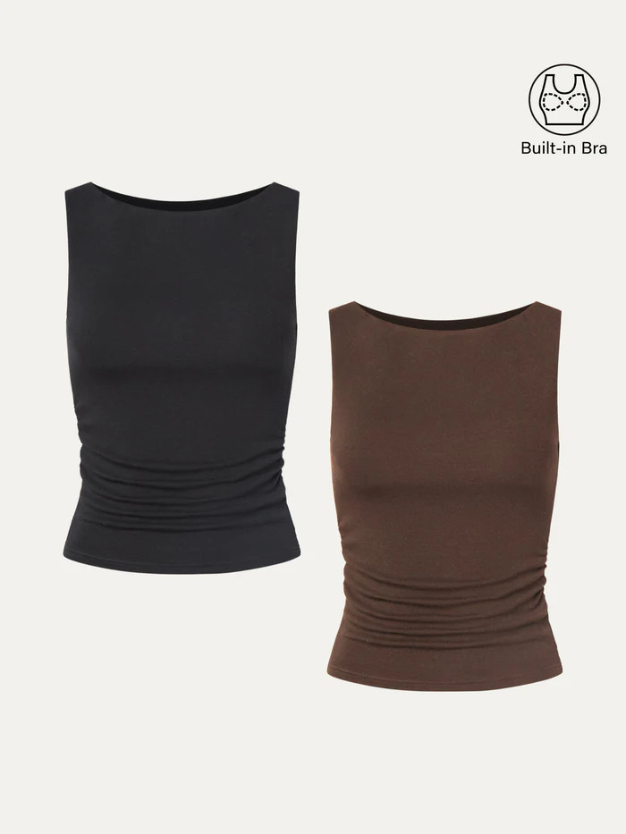 Ruched Sides Boatneck Brami Top 2Pcs Set | OGL