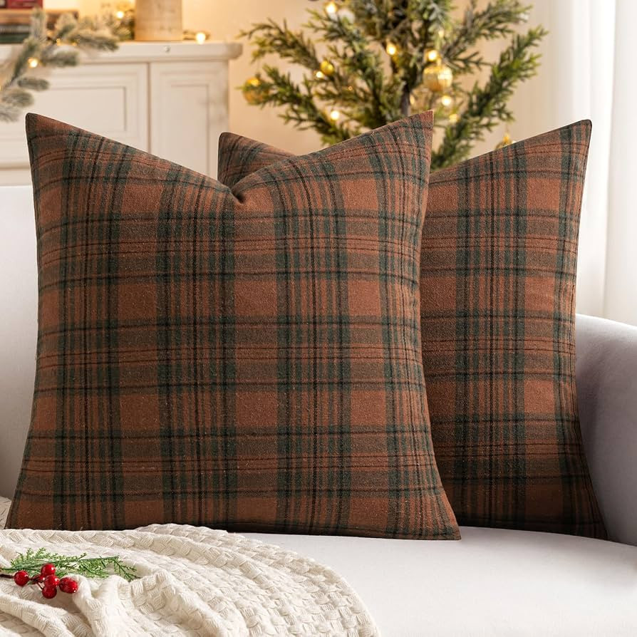 MIULEE Fall Scottish Tartan Plaid Pillow Covers 18x18 Orange and Green | Amazon (US)