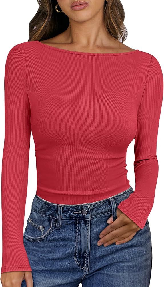 ANRABESS Women's Boat Neck Long Sleeve Shirts Rib Knit Slim Fitting Tops Basic Tees 2026 Casual C... | Amazon (US)