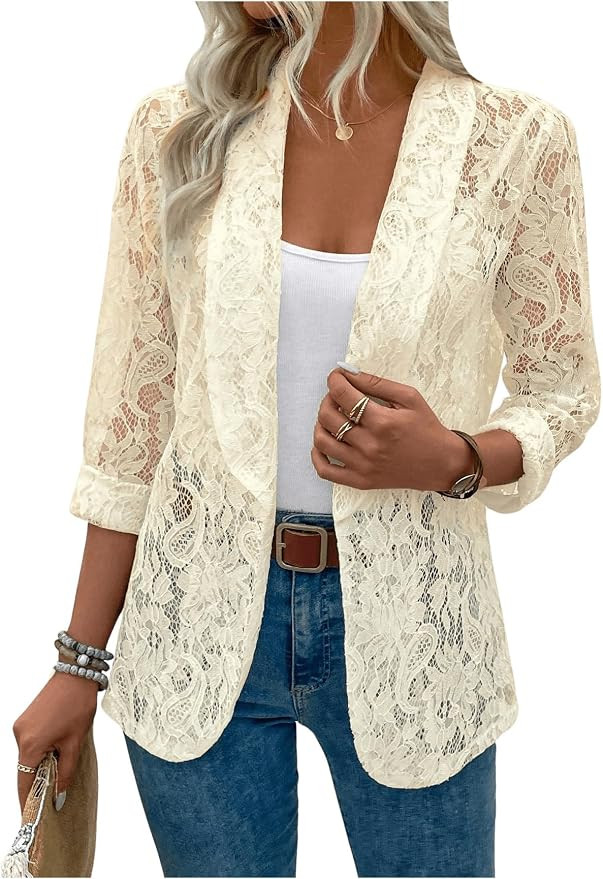 WDIRARA Women's Lace Open Front Long Sleeve Sheer Elegant Casual Blazer Jacket | Amazon (US)