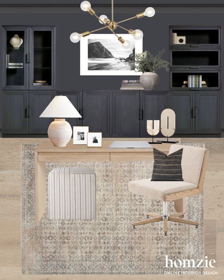 Modern office design. Love the dark cabinets and wall paired with the light natural wood desk and office chair! The statement light fixture is so fun too!

#LTKhome #LTKFind