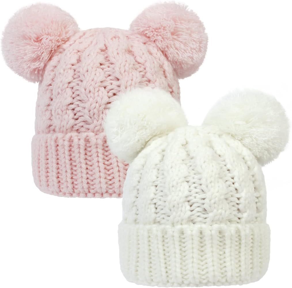 MOK Baby Beanie for Girls Cable Knit Winter Hat with Double Pom Pom Skull Hats | Amazon (US)