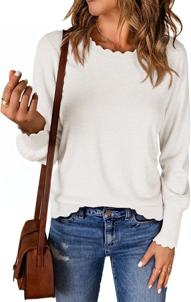 Cicy Bell Womens Crew Neck Long Sleeve Sweater Trendy Casual Scallop Trim Fall Knit Lightweight P... | Amazon (US)