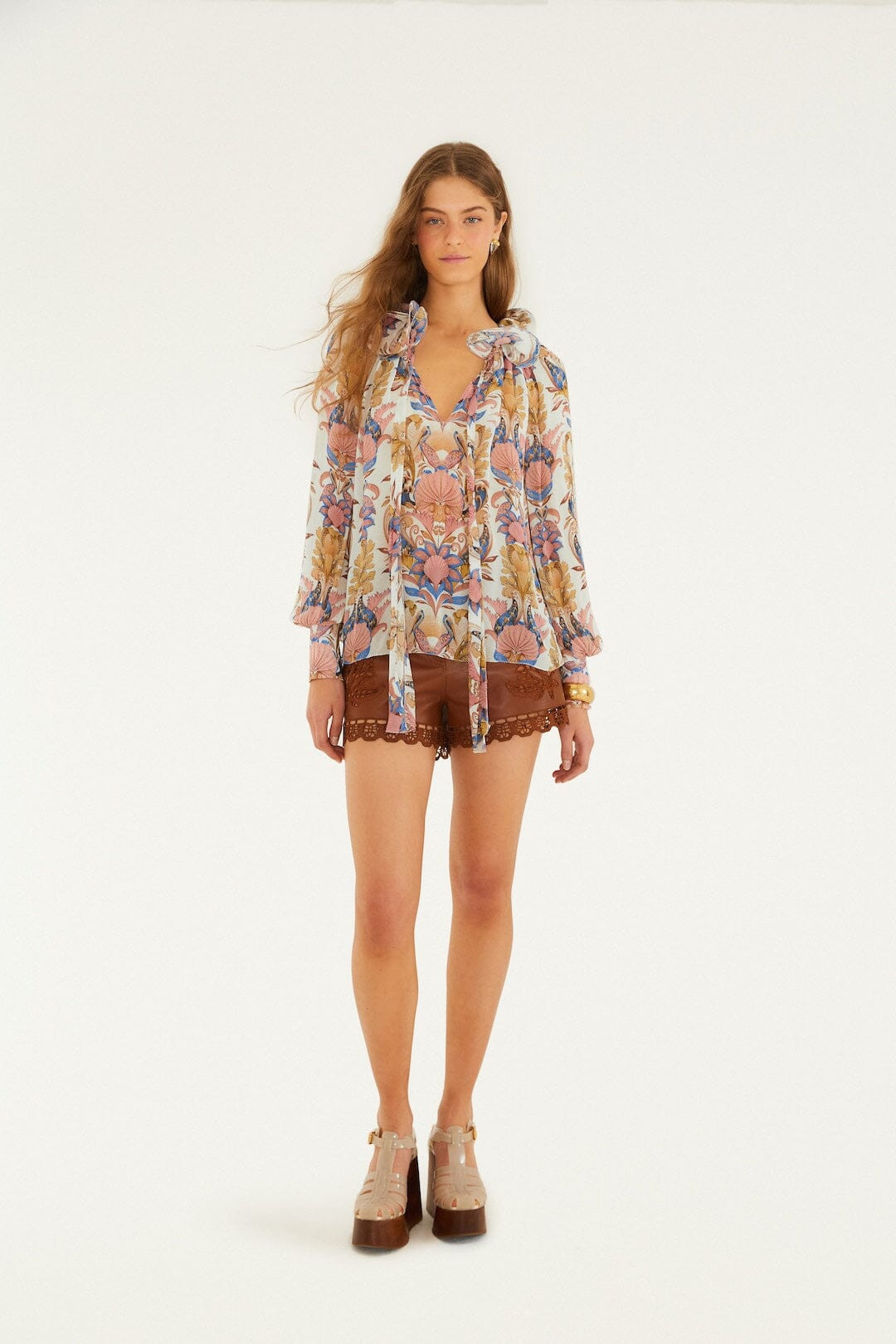 Off-White Sea Garden Ruffled Long Sleeve Blouse | FARM Rio | FarmRio (US)