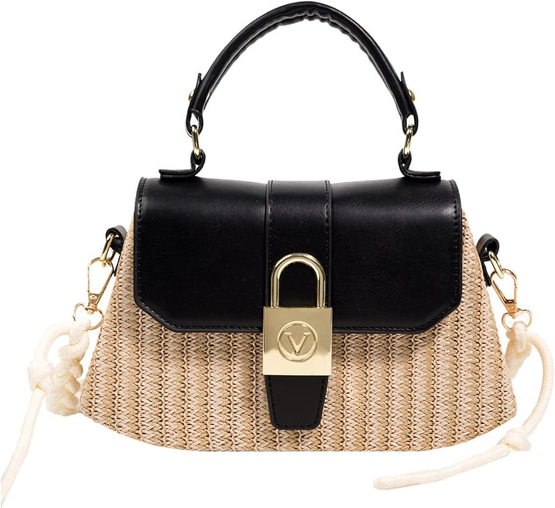 Womens Straw Beach Bags, Summer PU Leather Top Handle Mini Boho Purse Lock Woven Crossbody Bag Ra... | Amazon (US)